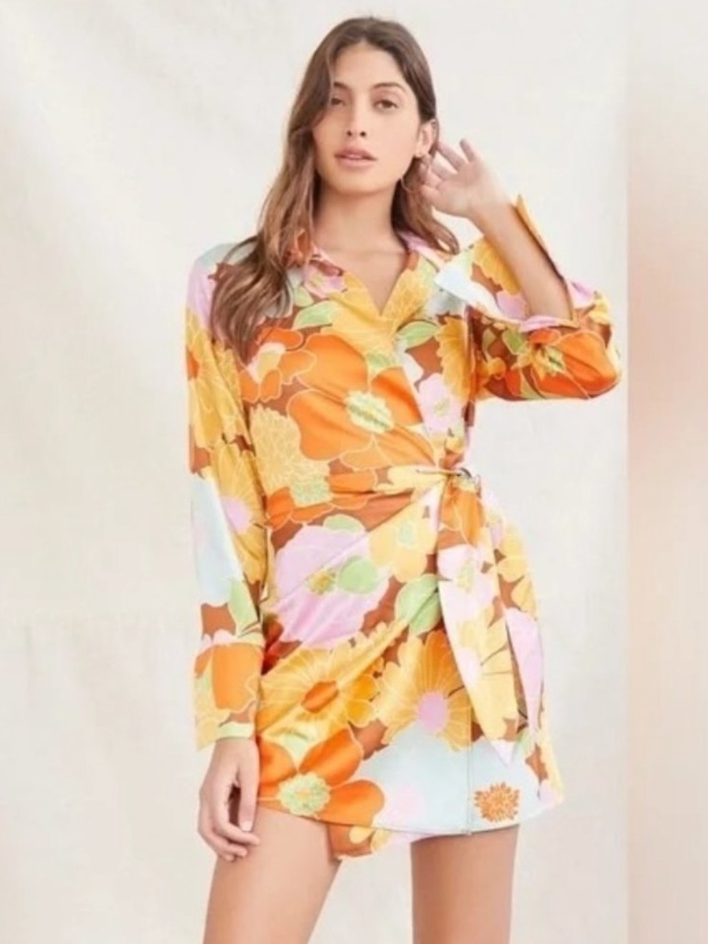 Forever 21 Floral Hippie Retro Satin Belted Wrap Dress Long Sleeve Size S